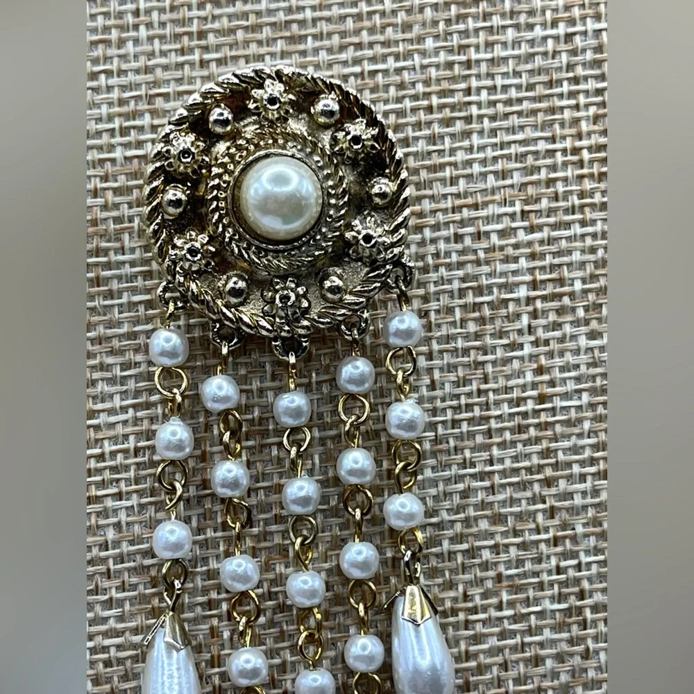 Gold Tone and  Pearl Brooch Waterfall Victorian Style Brooch Teardrop
